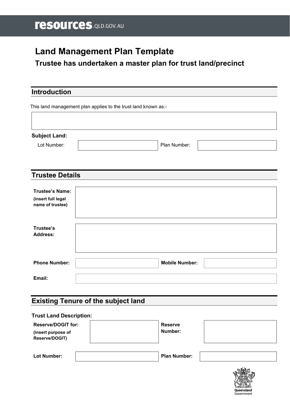 Land Management Plan Template (With Master Plan) - Queensland, Australia, Page 1
