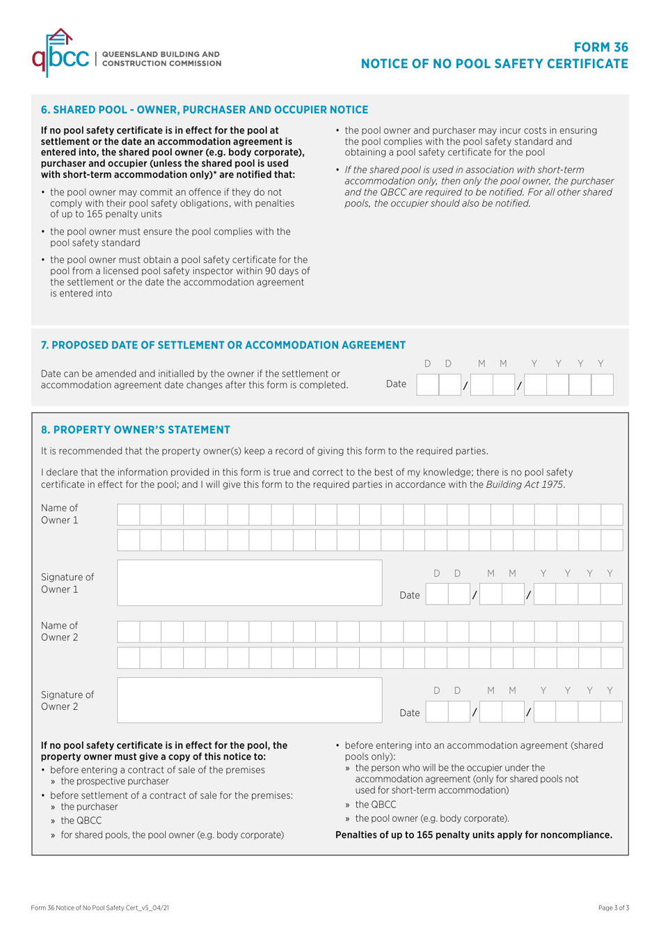 Form 36 Notice of No Pool Safety Certificate - Queensland, Australia, Page 3