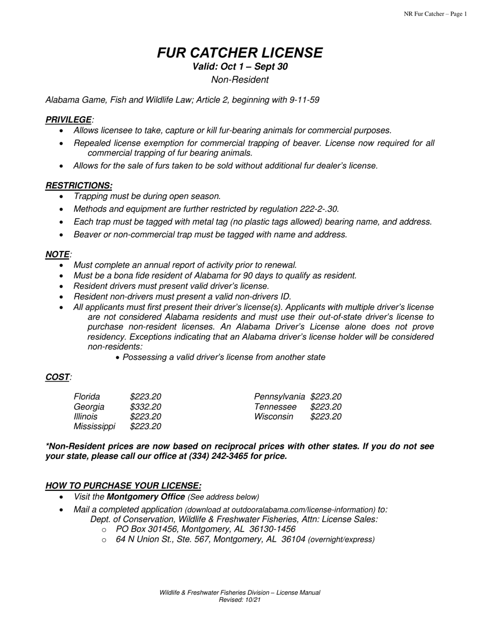 Fur Catcher License Application - Non-resident - Alabama, Page 1