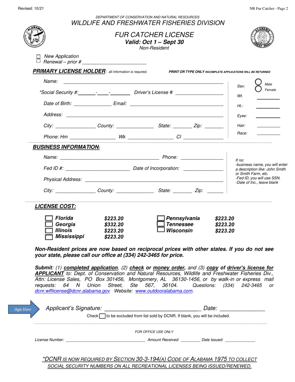 Fur Catcher License Application - Non-resident - Alabama, Page 2