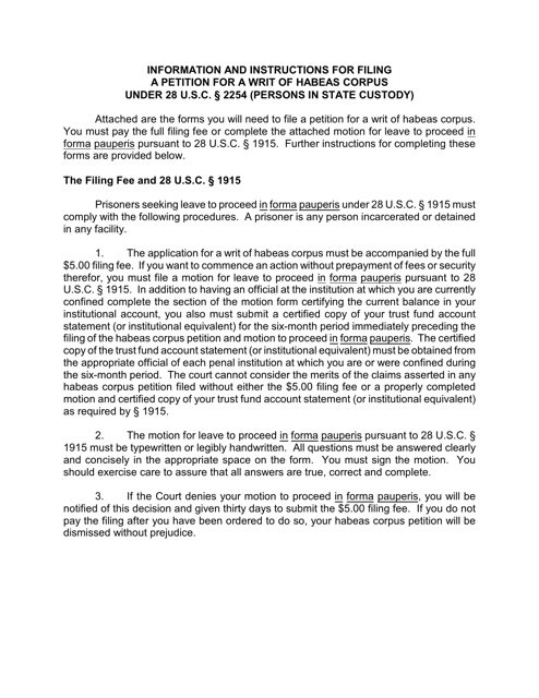 Instructions for Application for a Writ of Habeas Corpus Pursuant to 28 U.s.c. 2254 by a Person in State Custody - Connecticut Download Pdf