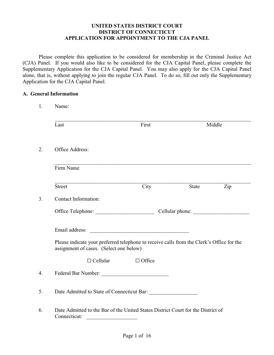 Application for Appointment to the Cja Panel - Connecticut, Page 1