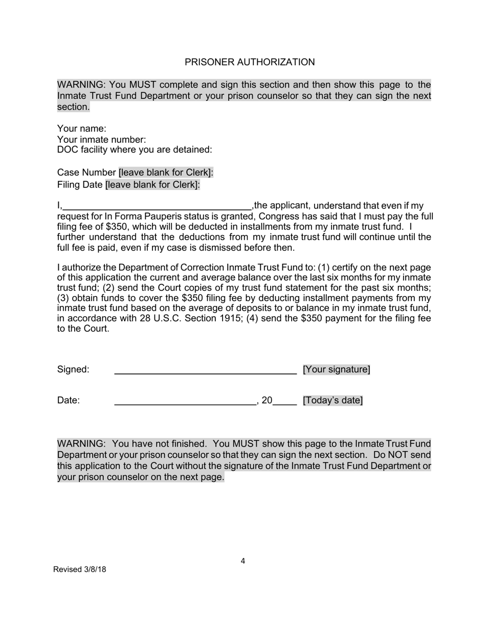 Prisoners Application to Proceed in Forma Pauperis in a Civil Rights Action - Connecticut, Page 4