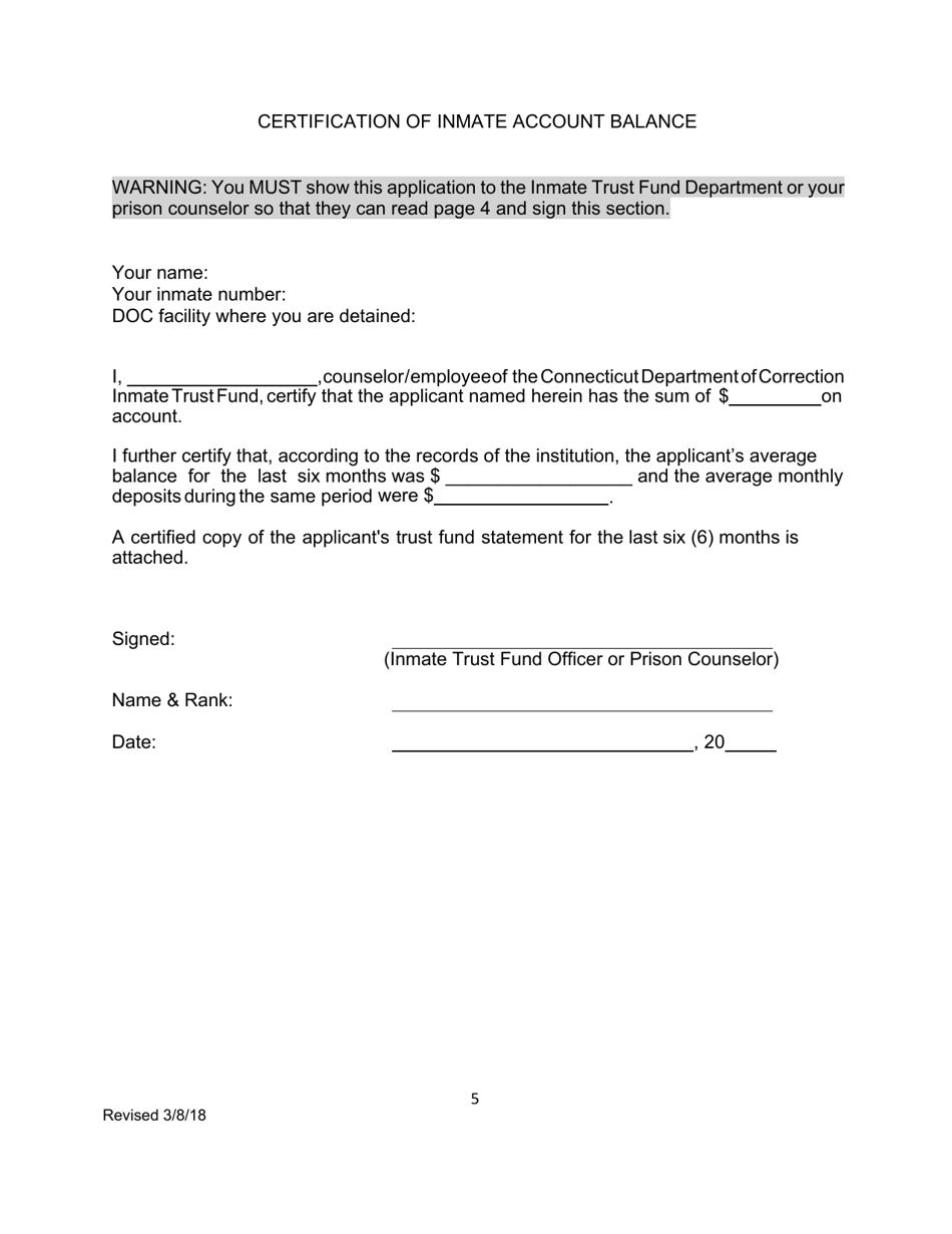 Prisoners Application to Proceed in Forma Pauperis in a Civil Rights Action - Connecticut, Page 5