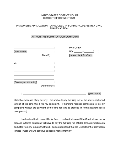 Prisoner's Application to Proceed in Forma Pauperis in a Civil Rights Action - Connecticut Download Pdf