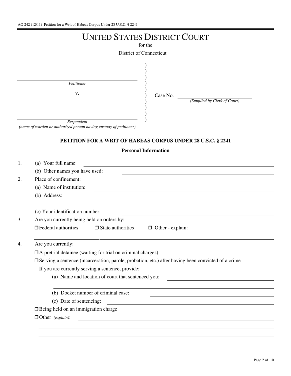 Form AO242 Petition for a Writ of Habeas Corpus Under 28 U.s.c. 2241 - Connecticut, Page 1
