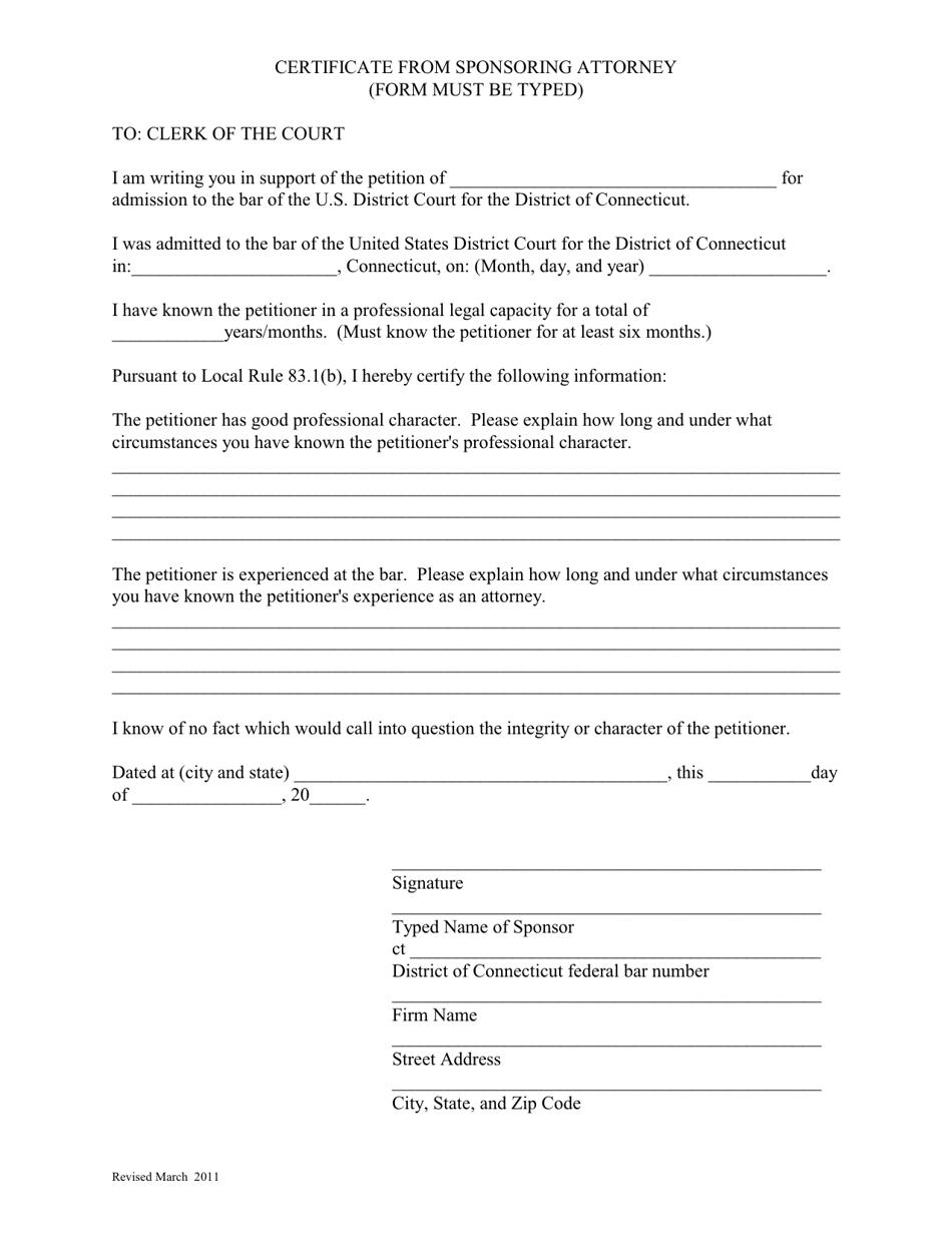 Connecticut Certificate From Sponsoring Attorney - Fill Out, Sign ...