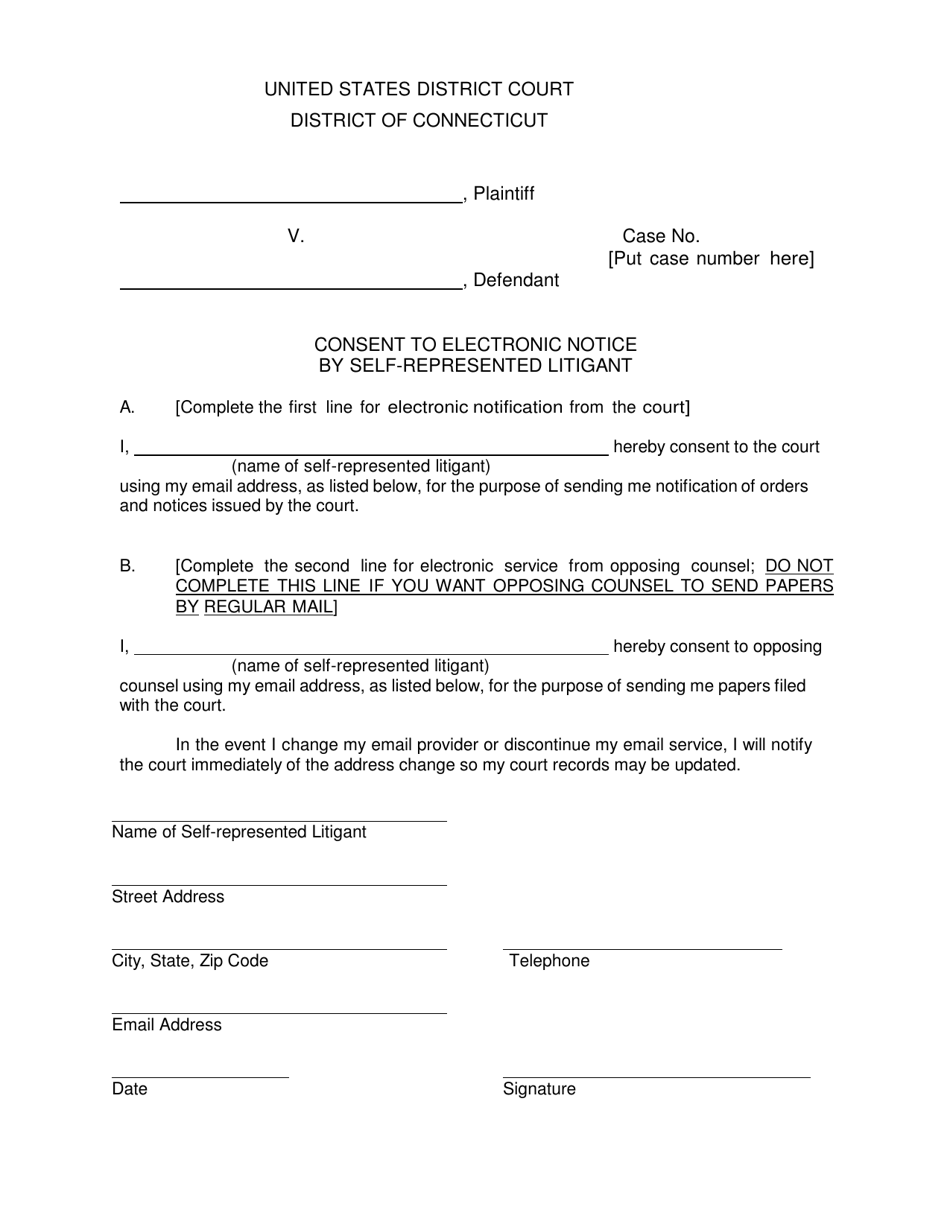 Consent to Electronic Notice by Self-represented Litigant - Connecticut, Page 1