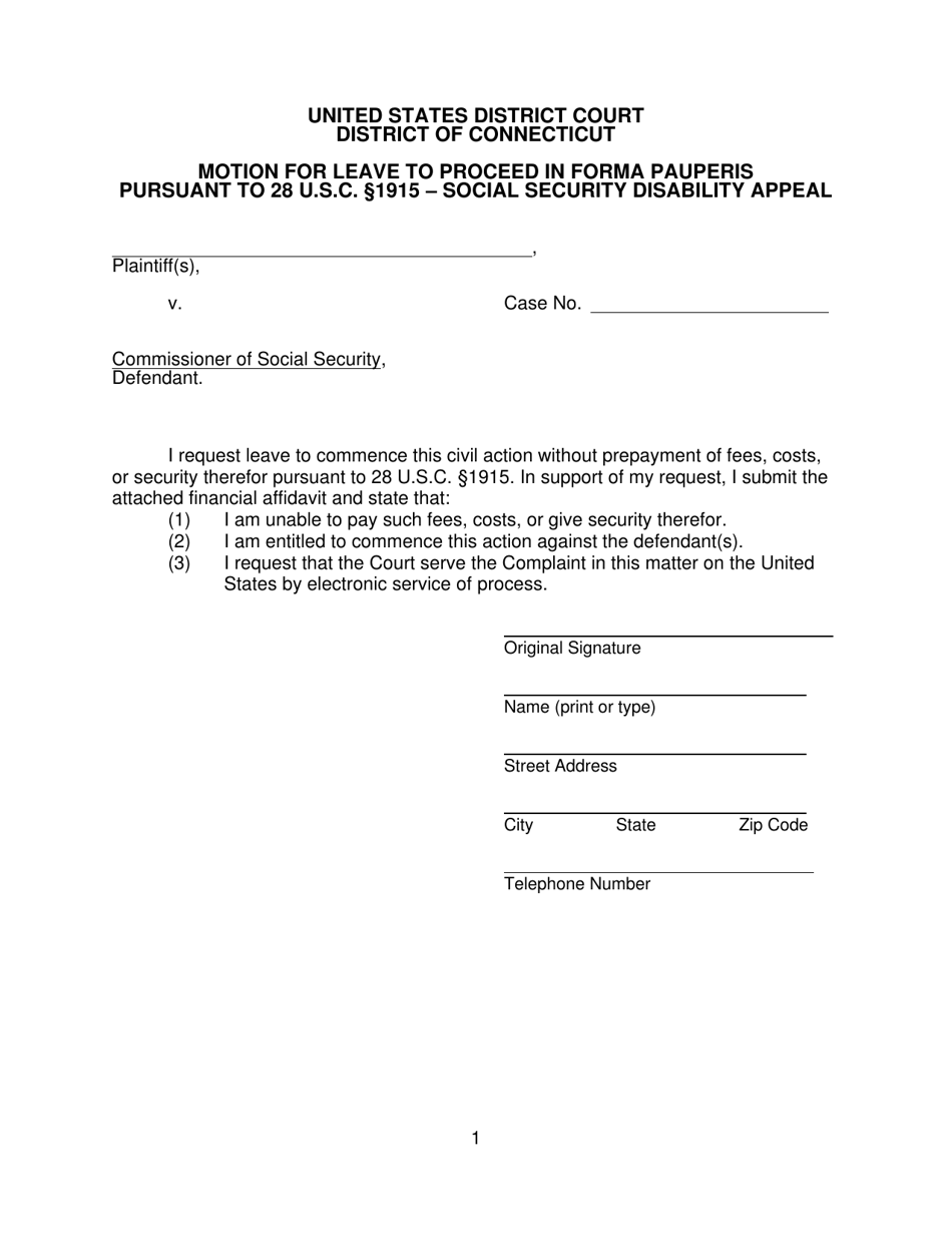 Motion for Leave to Proceed in Forma Pauperis Pursuant to 28 U.s.c. 1915 - Social Security Disability Appeal - Connecticut, Page 1