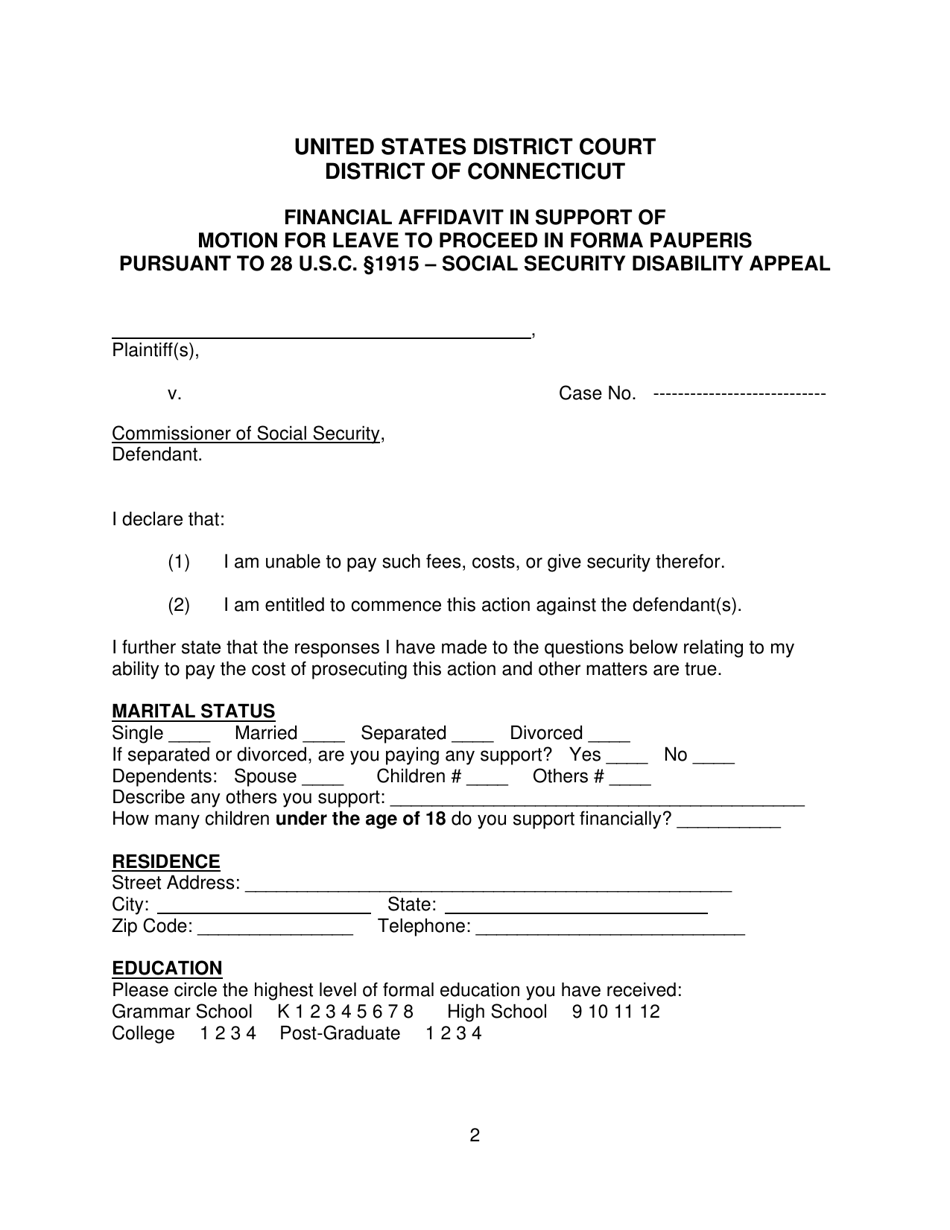 Motion for Leave to Proceed in Forma Pauperis Pursuant to 28 U.s.c. 1915 - Social Security Disability Appeal - Connecticut, Page 2