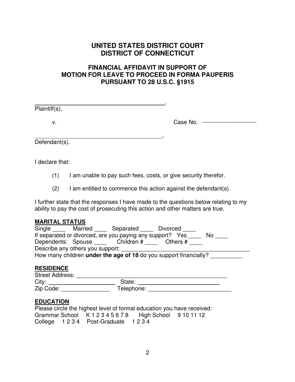 Motion for Leave to Proceed in Forma Pauperis Pursuant to 28 U.s.c. 1915 - Connecticut, Page 2