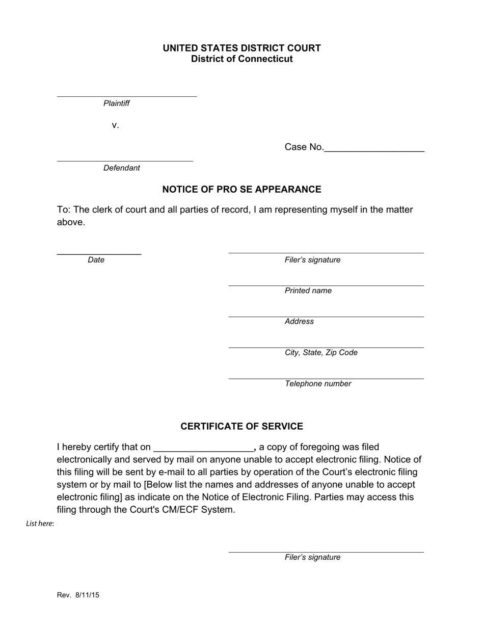Notice of Pro Se Appearance - Connecticut, Page 1