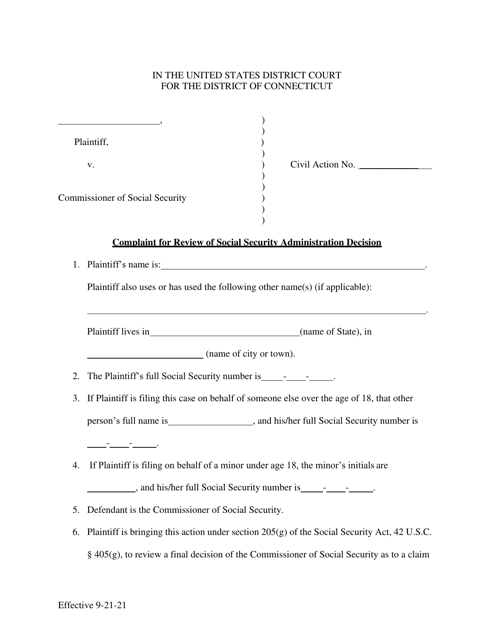 Complaint for Review of Social Security Administration Decision - Connecticut Download Pdf