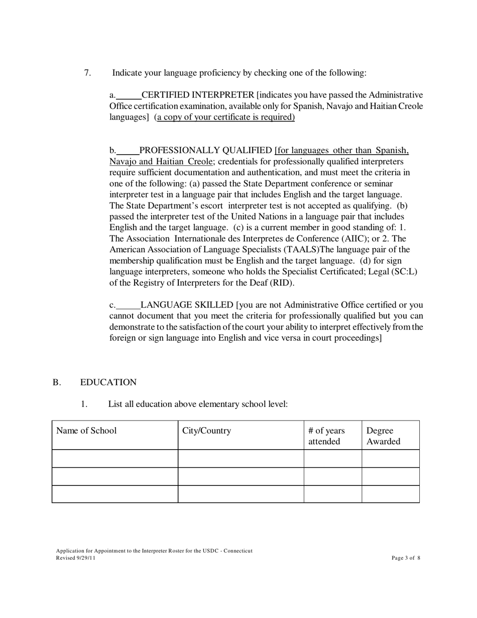 Application for Appointment to the Interpreter Roster - Connecticut, Page 3
