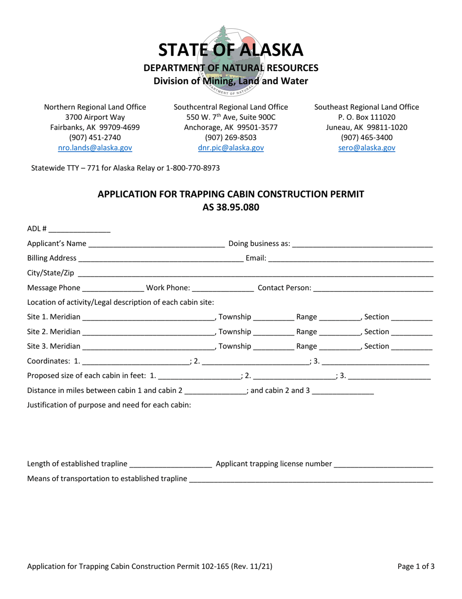 Form 102-165 Application for Trapping Cabin Construction Permit - Alaska, Page 1
