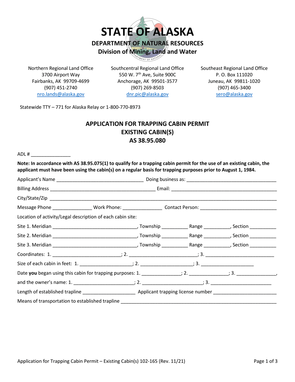 Form 102-165 Application for Trapping Cabin Permit Existing Cabin(S) - Alaska, Page 1
