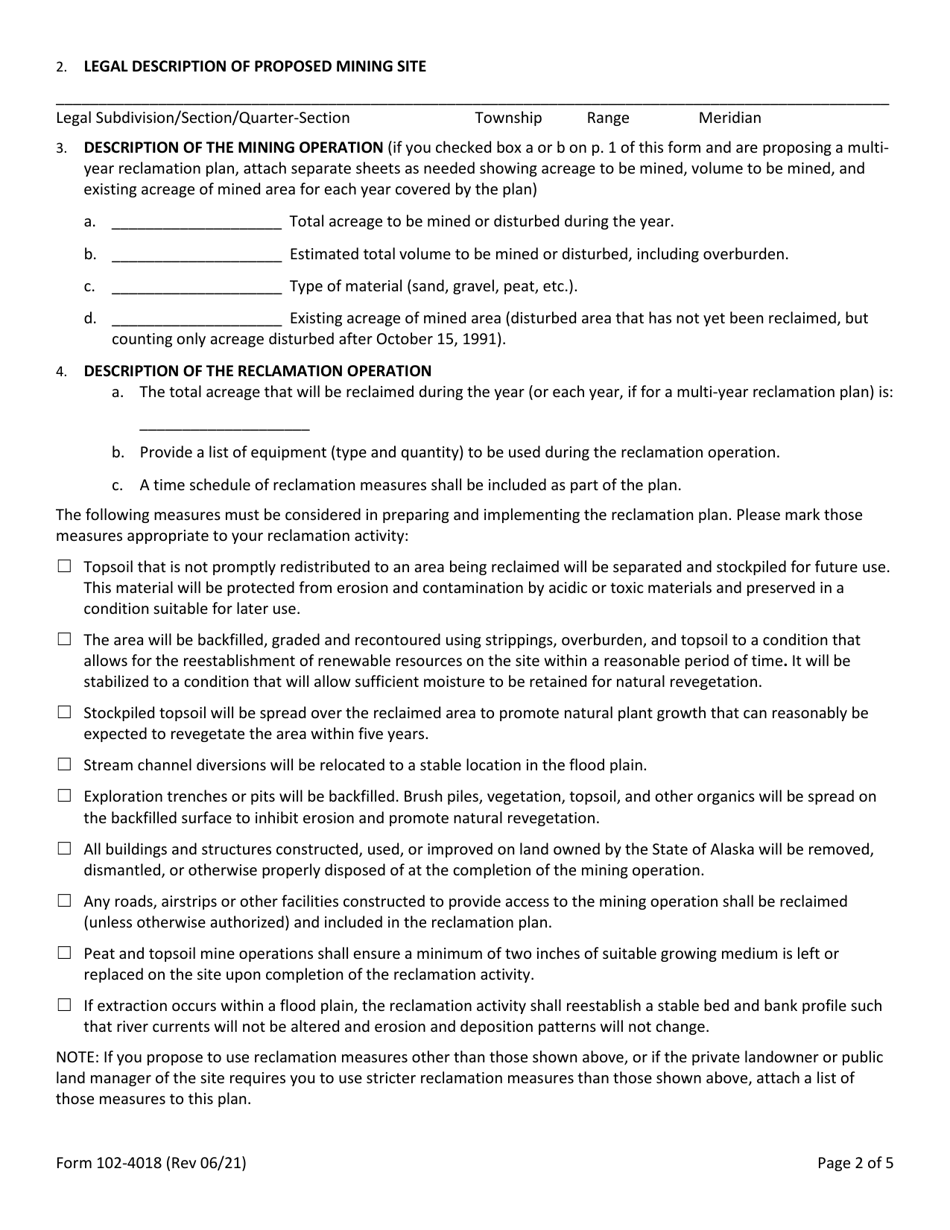Form 102-4018 Material Site Reclamation Plan or Letter of Intent / Annual Reclamation Statement - Alaska, Page 2