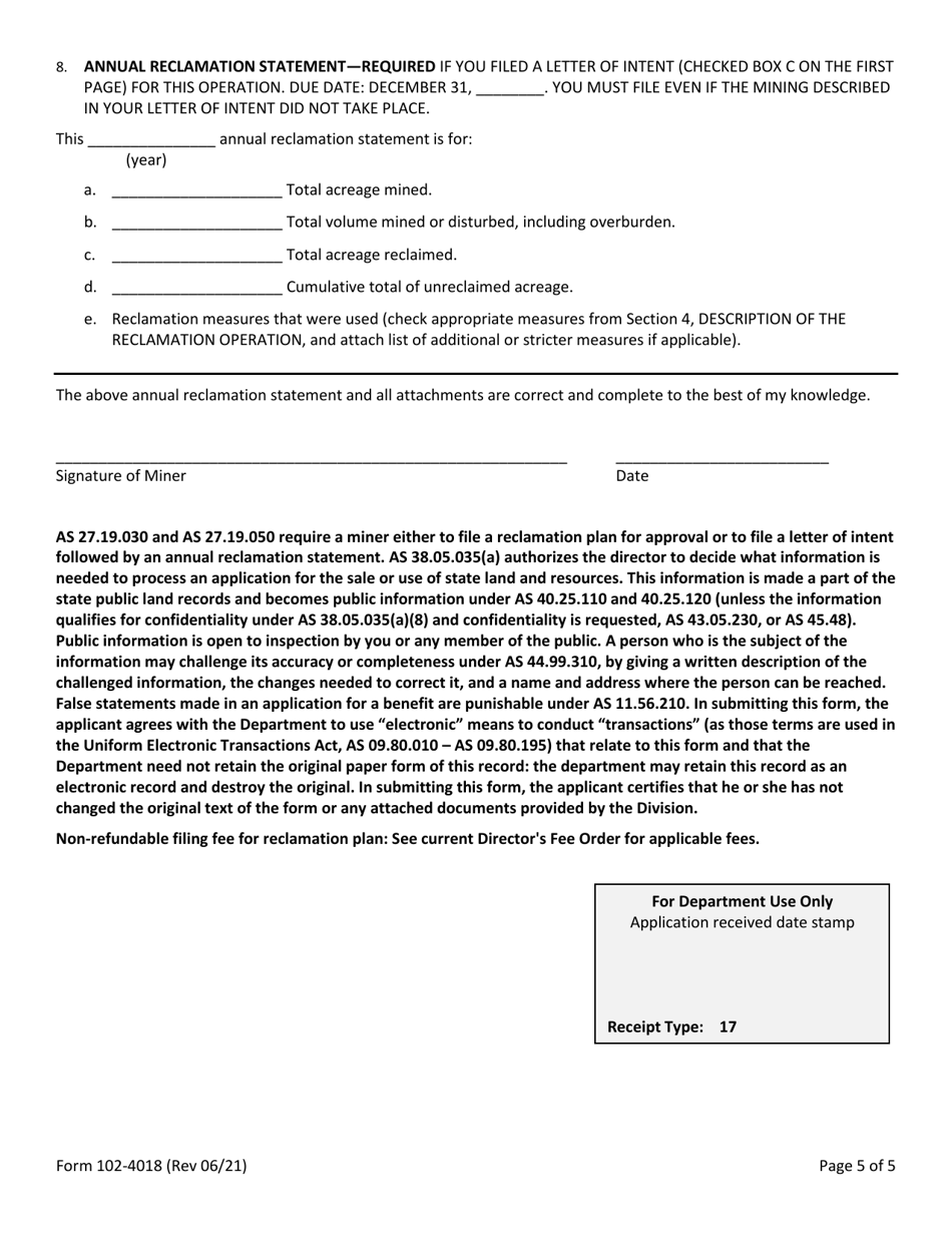 Form 102-4018 Material Site Reclamation Plan or Letter of Intent / Annual Reclamation Statement - Alaska, Page 5