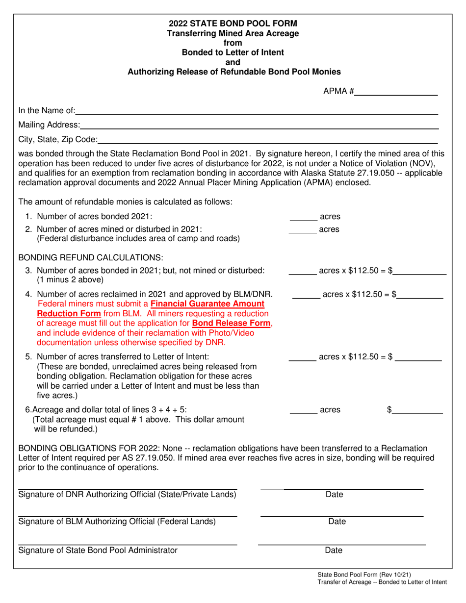 State Bond Pool Form - Transferring Mined Area Acreage From Bonded to Letter of Intent and Authorizing Release of Refundable Bond Pool Monies - Alaska, Page 1