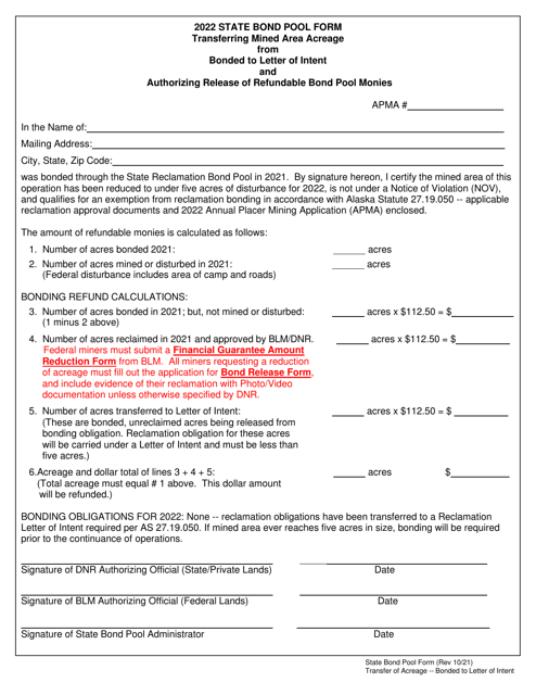 State Bond Pool Form - Transferring Mined Area Acreage From Bonded to Letter of Intent and Authorizing Release of Refundable Bond Pool Monies - Alaska Download Pdf