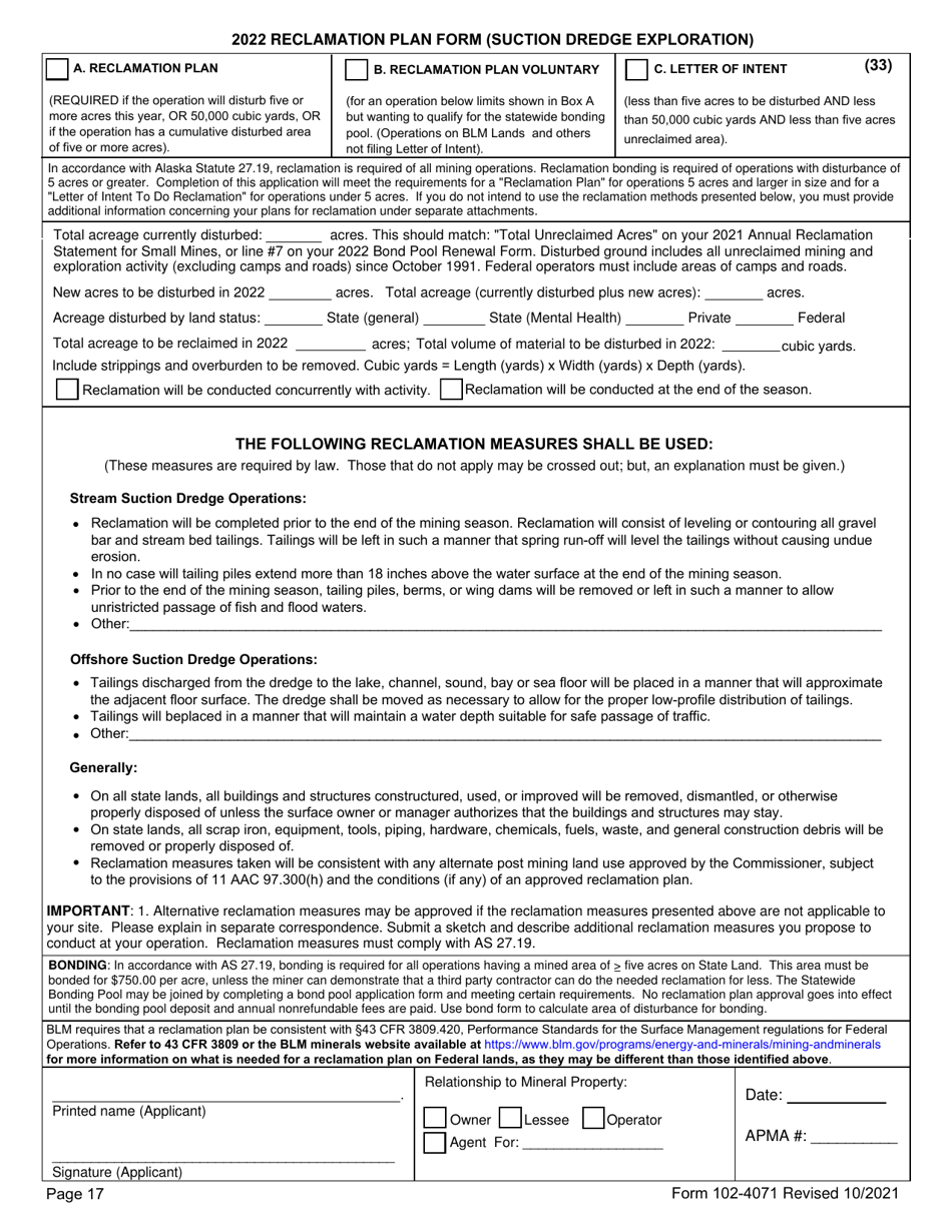 Form 102-4071 Page 17 Reclamation Plan Form (Suction Dredge Exploration) - Alaska, Page 1