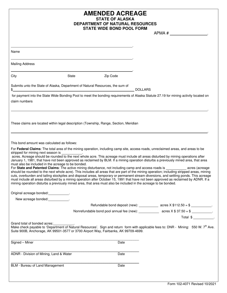 Form 102-4071 Amended Acreage State Wide Bond Pool Form - Alaska, Page 1