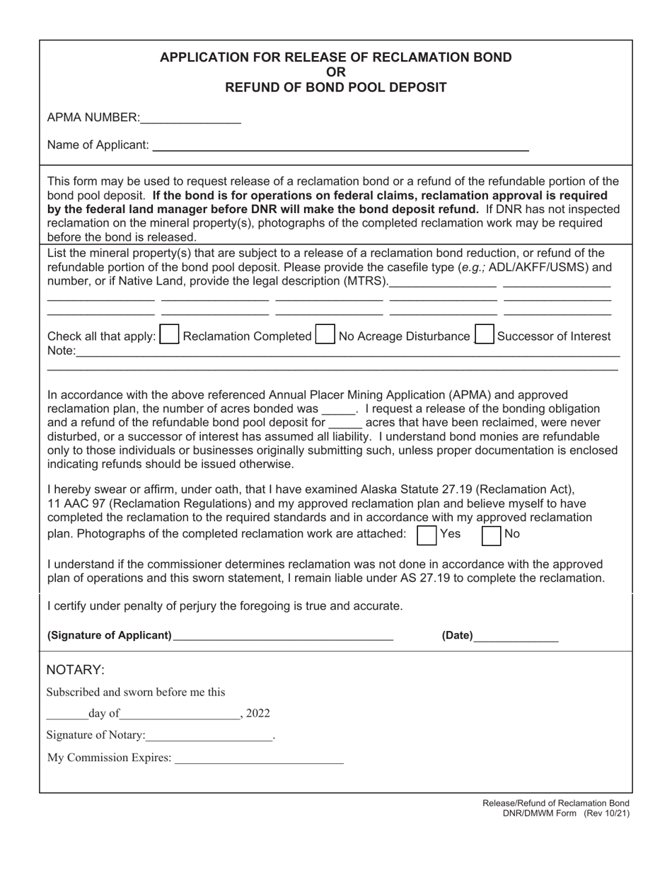 Application for Release of Reclamation Bond or Refund of Bond Pool Deposit - Alaska, Page 1