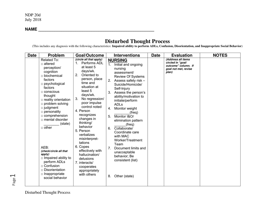 Form NDP20D Disturbed Thought Process - Alabama, Page 1