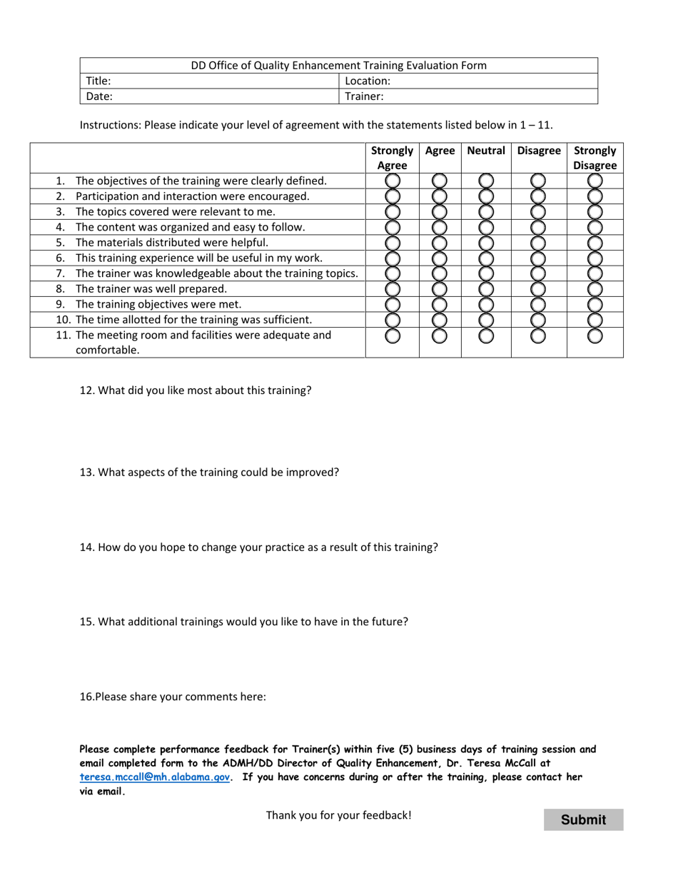 Quality Enhancement Training Evaluation Form - Alabama, Page 1