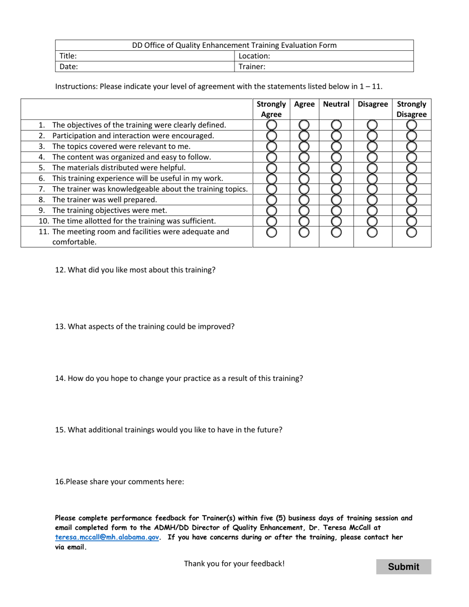 Alabama Quality Enhancement Training Evaluation Form - Fill Out, Sign ...