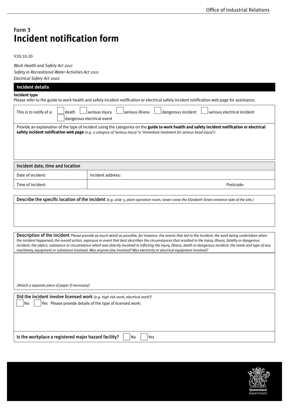 Form 3 Incident Notification Form - Queensland, Australia, Page 1