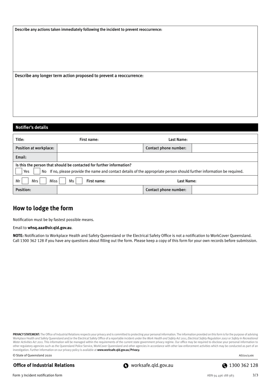 Form 3 Incident Notification Form - Queensland, Australia, Page 3
