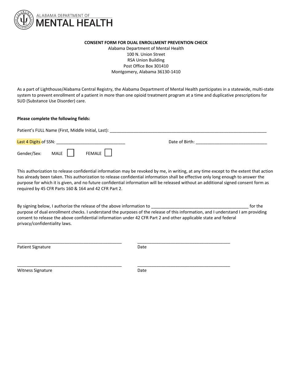 Consent Form for Dual Enrollment Prevention Check - Alabama, Page 1