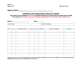 Document preview: Form NDP17 Controlled Substance Sign out Sheet - Alabama