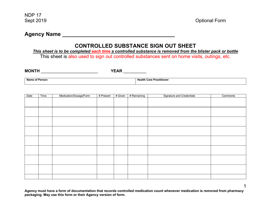 Form NDP17 Controlled Substance Sign out Sheet - Alabama, Page 1