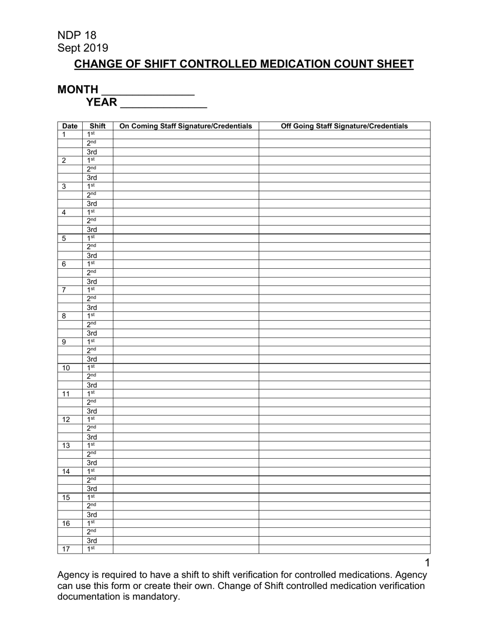 Form NDP18 Change of Shift Controlled Medication Count Sheet - Alabama, Page 1