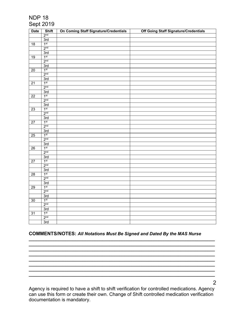 Form NDP18 Change of Shift Controlled Medication Count Sheet - Alabama, Page 2