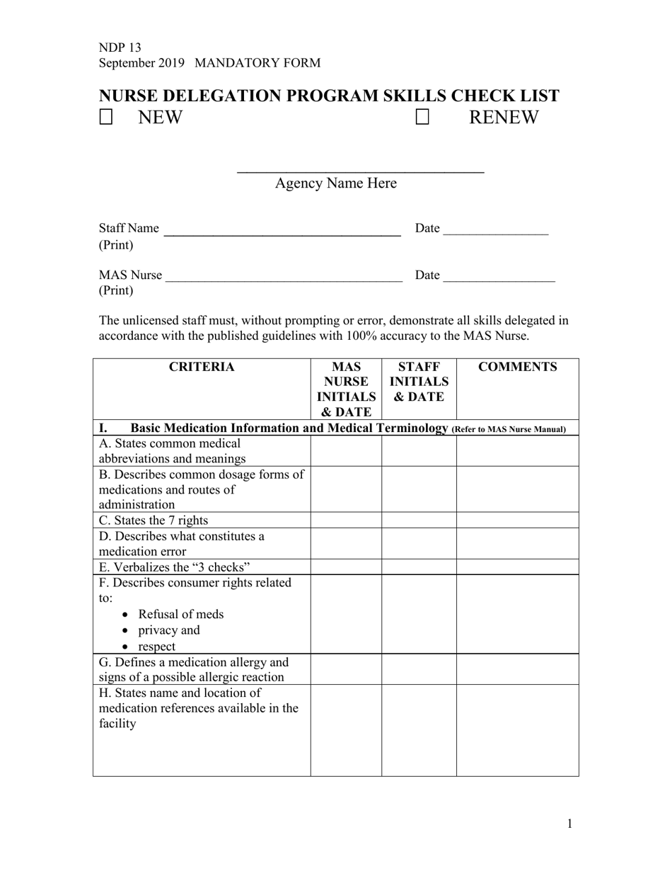 Form NDP13 Nurse Delegation Program Skills Check List - Alabama, Page 1