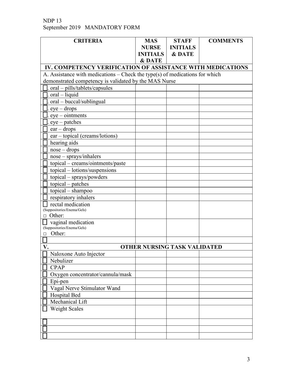 Form NDP13 Nurse Delegation Program Skills Check List - Alabama, Page 3