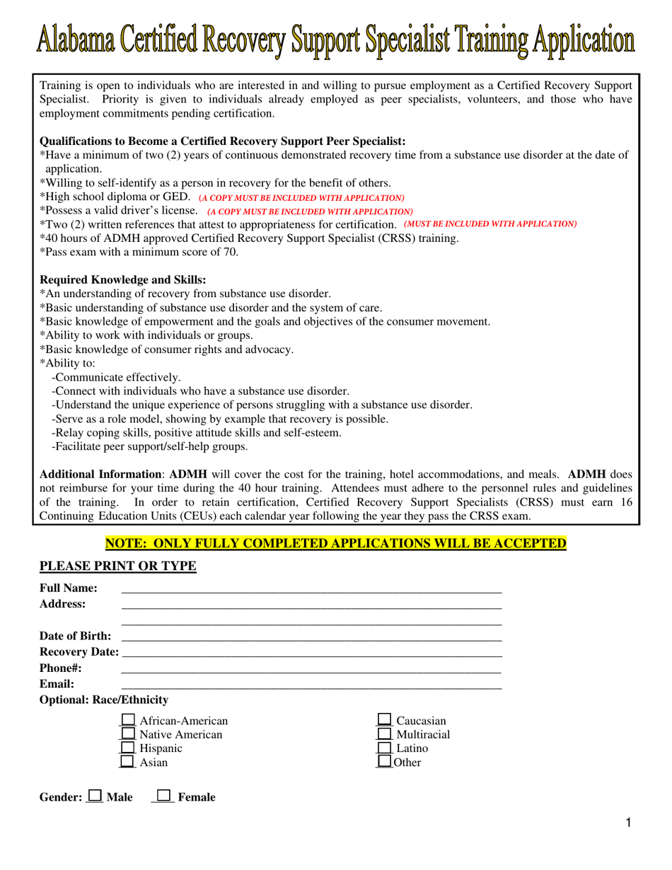 Alabama Certified Recovery Support Specialist Training Application - Alabama, Page 1