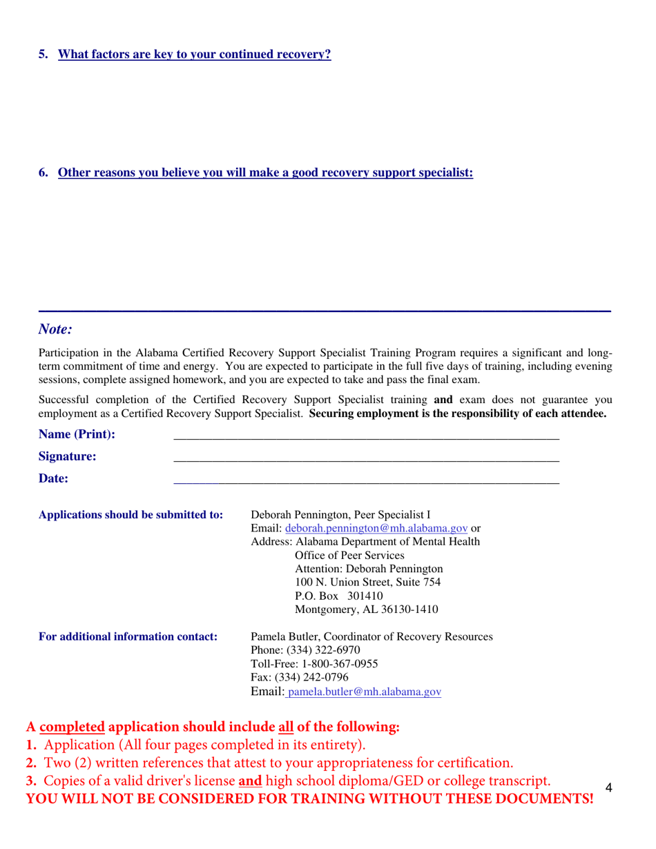 Alabama Certified Recovery Support Specialist Training Application - Alabama, Page 4