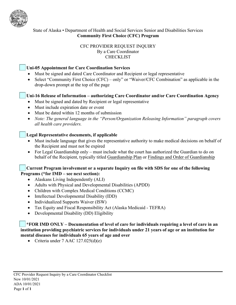 Cfc Provider Request Inquiry by a Care Coordinator Checklist - Community First Choice (Cfc) Program - Alaska, Page 1