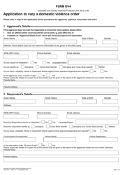 Document preview: Form DV4 Application to Vary a Domestic Violence Order - Queensland, Australia