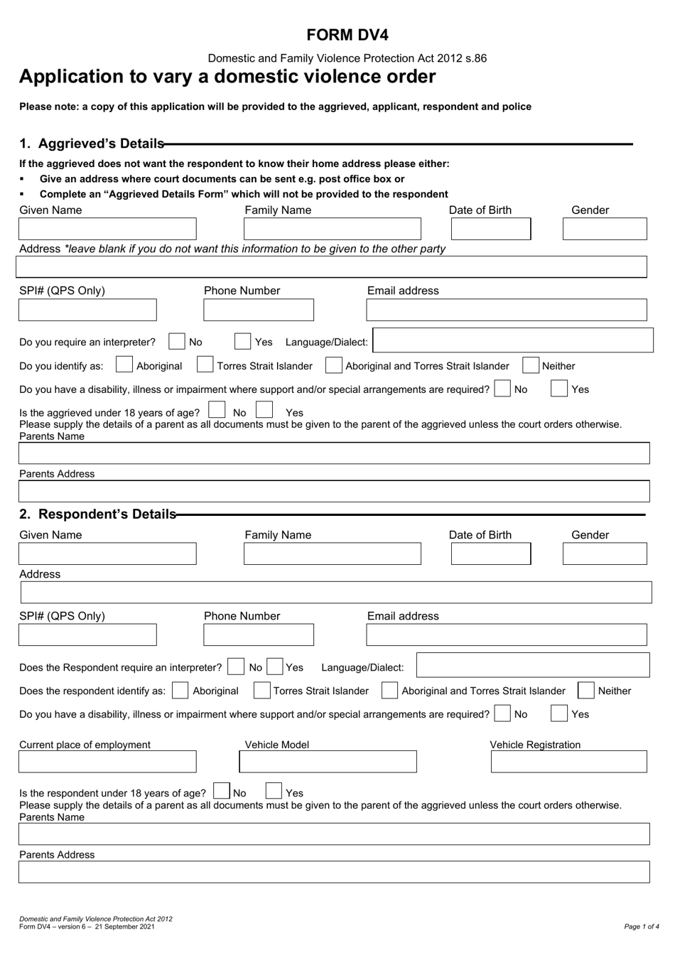 Form DV4 Application to Vary a Domestic Violence Order - Queensland, Australia, Page 1
