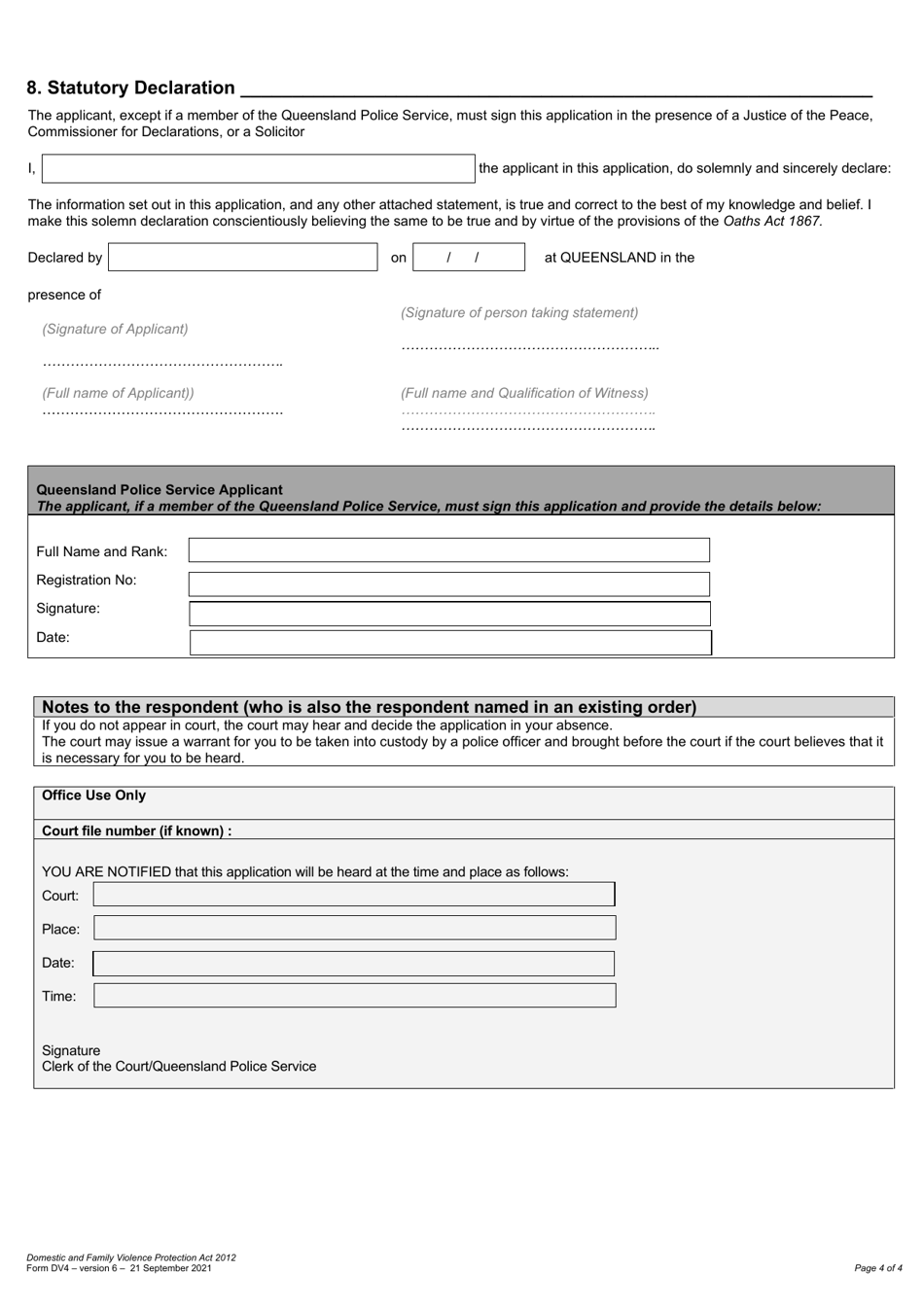 Form DV4 Application to Vary a Domestic Violence Order - Queensland, Australia, Page 4
