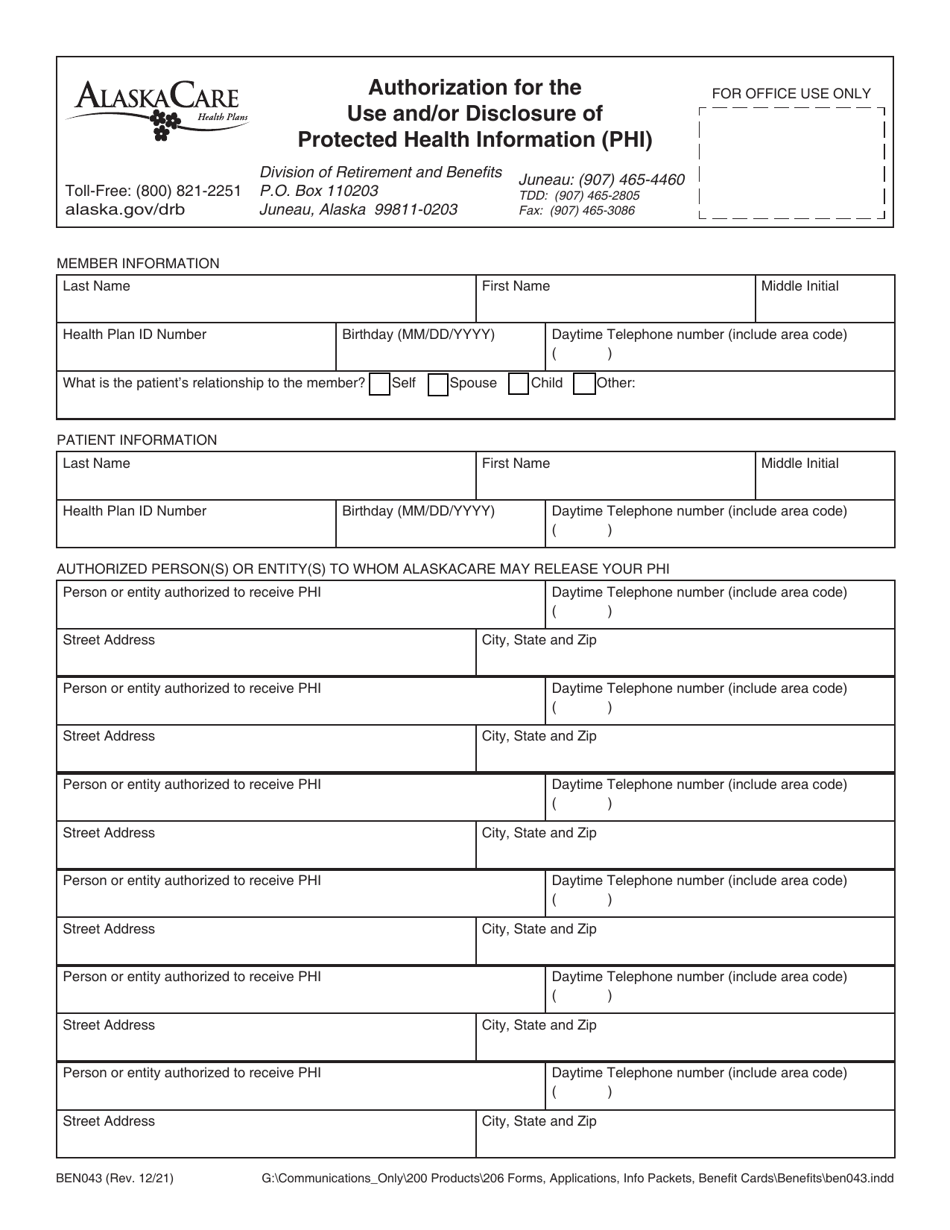 Form BEN043 Authorization for the Use and / or Disclosure of Protected Health Information (Phi) - Alaska, Page 1