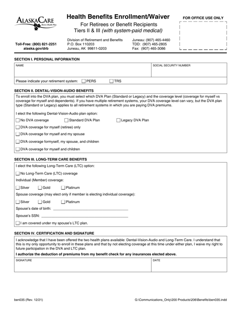 Form BEN035 Health Benefits Enrollment/Waiver for Retirees or Benefit Recipients Tiers II & Iii (With System-Paid Medical) - Alaska
