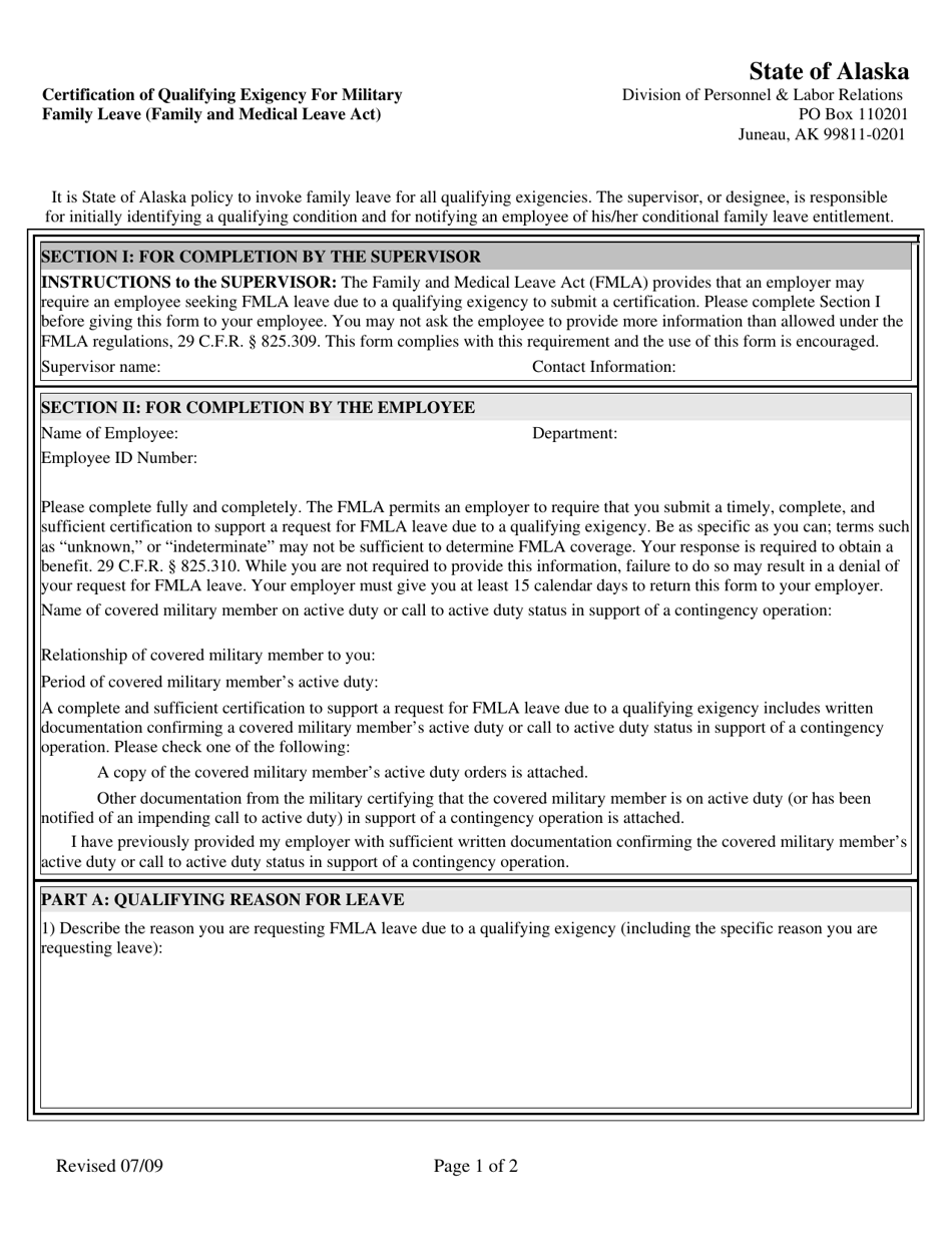 Certification of Qualifying Exigency for Military Family Leave (Family and Medical Leave Act) - Alaska, Page 1
