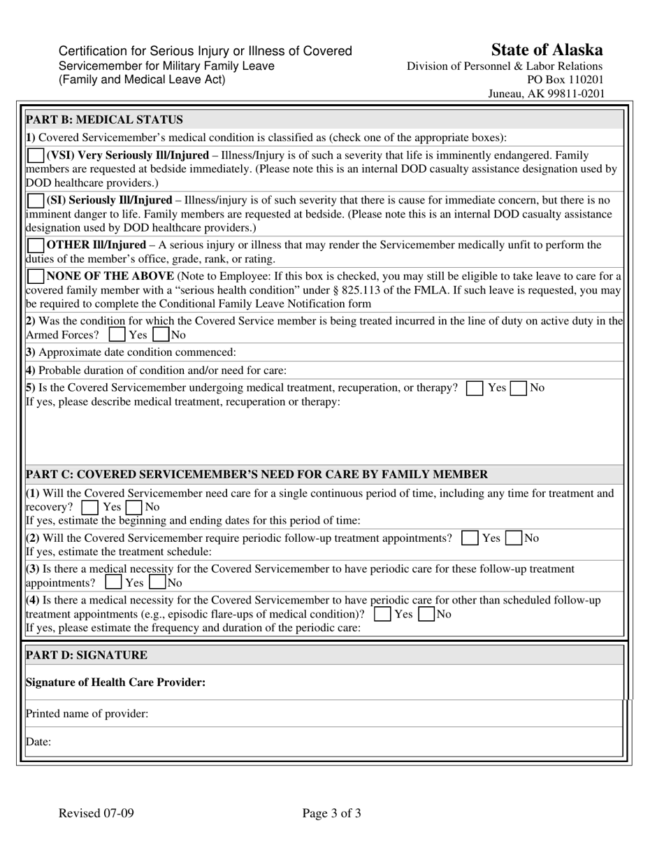 Certification for Serious Injury or Illness of Covered Servicemember for Military Family Leave (Family and Medical Leave Act) - Alaska, Page 3