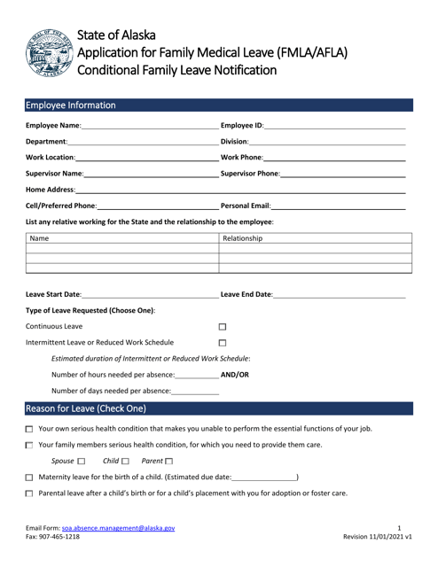 Application for Family Medical Leave (Fmla / Afla) Conditional Family Leave Notification - Alaska Download Pdf